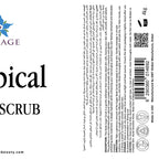 Label for a botanical scrub with text and branding elements.