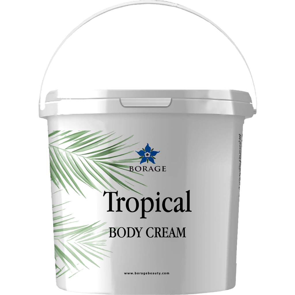 Tropical body cream container with Borage logo on a white background