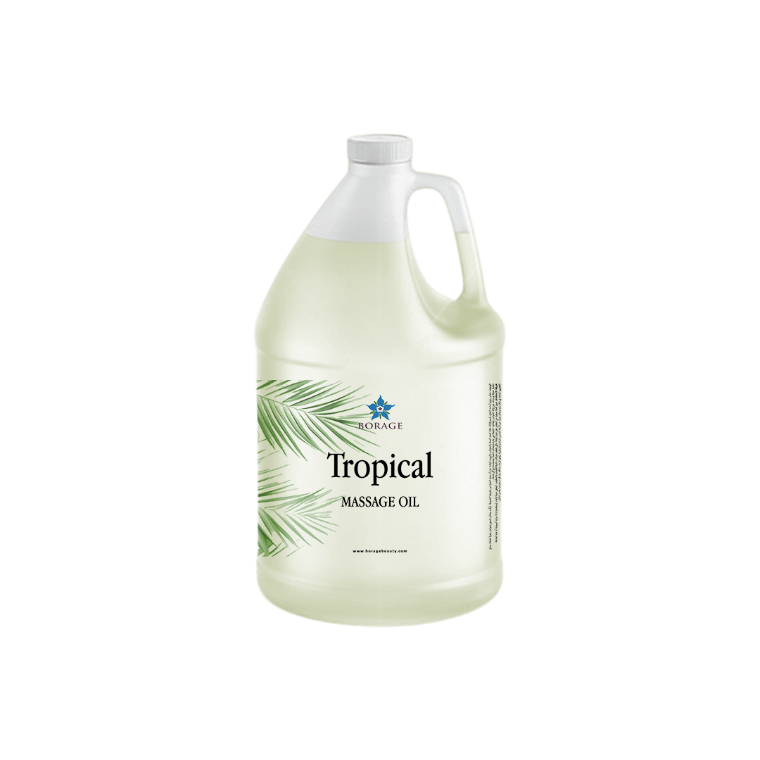 Gallon bottle of Borage Tropical Massage Oil on a white background