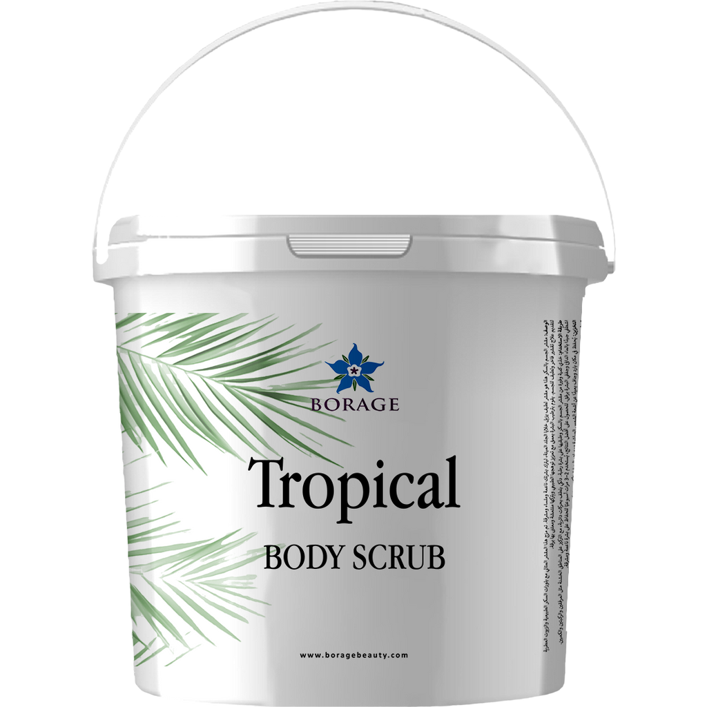 Tropical body scrub container with Borage logo on a white background