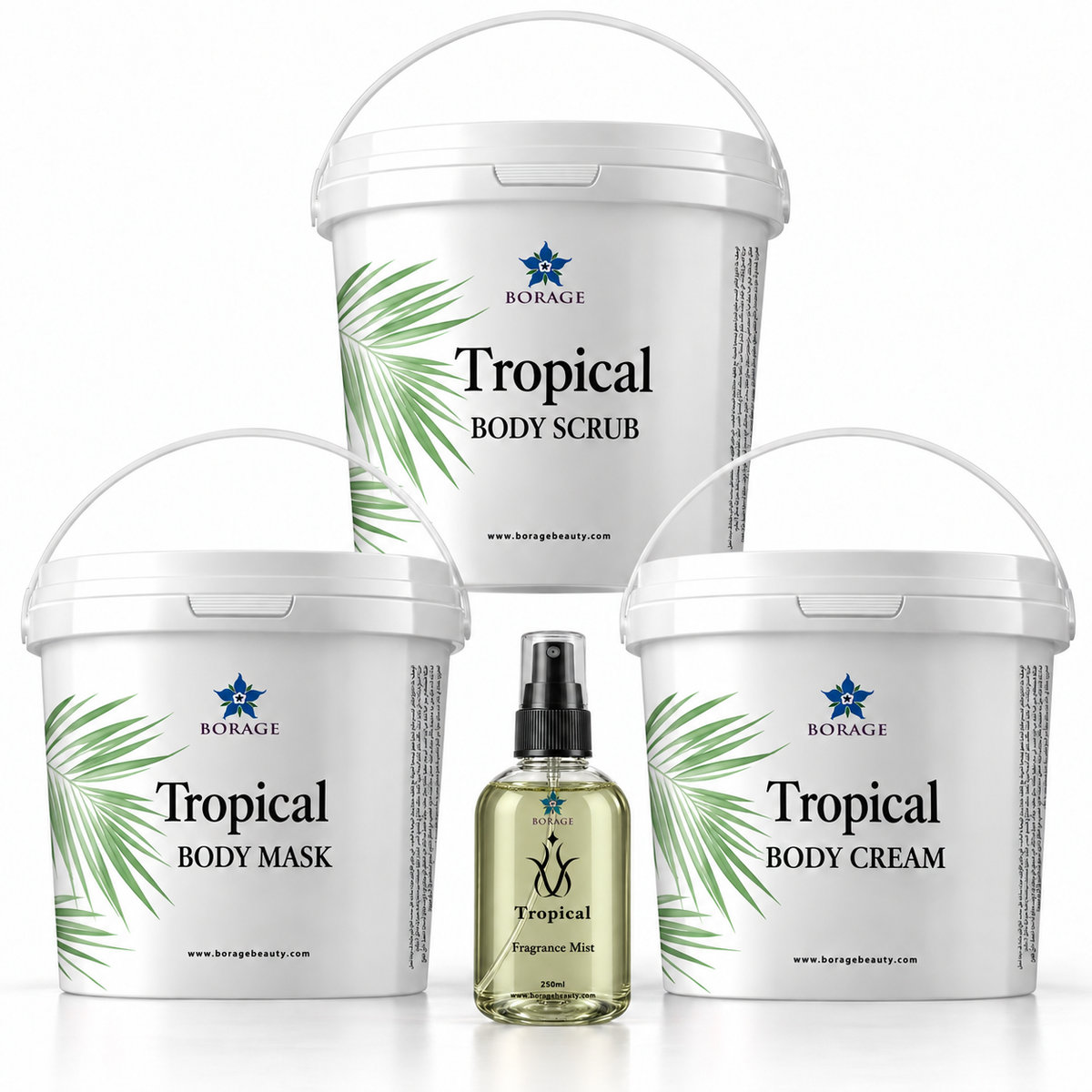 Tropical body care set with body scrub, mask, cream and spa fragrance
