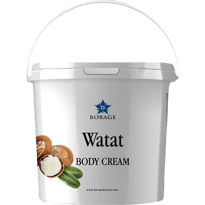 Bote de crema corporal 'Watat' de Borage con imagen de baya y hoja en el packaging.