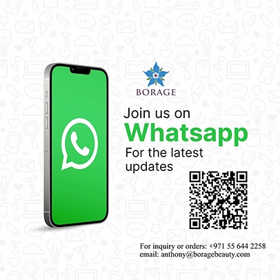 Promotional graphic for Borage with a smartphone displaying WhatsApp logo and a QR code.