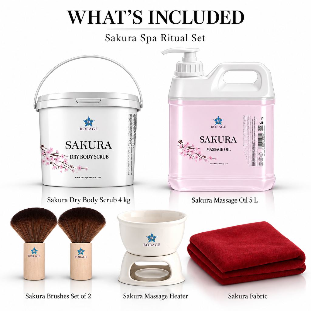 BORAGE Sakura Spa Ritual Set contents with 4 kg dry body scrub, 5 L massage oil, two brushes, massage heater and Sakura fabric