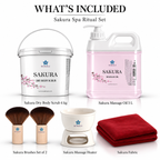 BORAGE Sakura Spa Ritual Set contents with 4 kg dry body scrub, 5 L massage oil, two brushes, massage heater and Sakura fabric