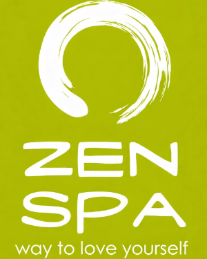Green logo with 'Zen Spa' text and tagline on a white background
