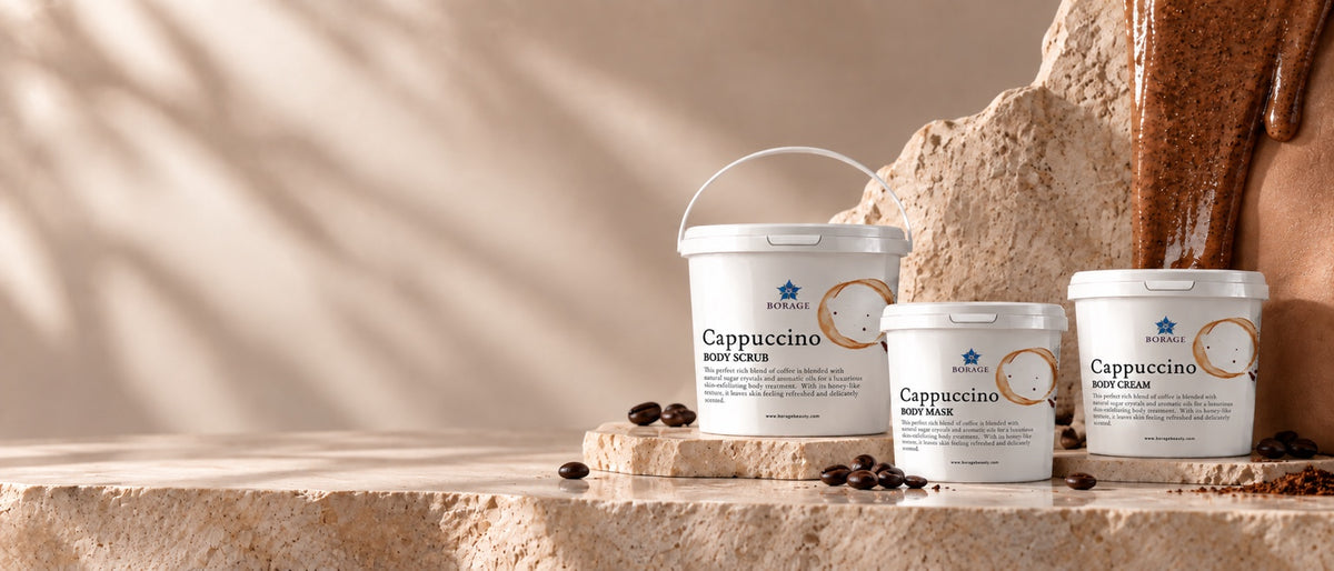 BORAGE Cappuccino body scrub, body mask and body cream homepage hero