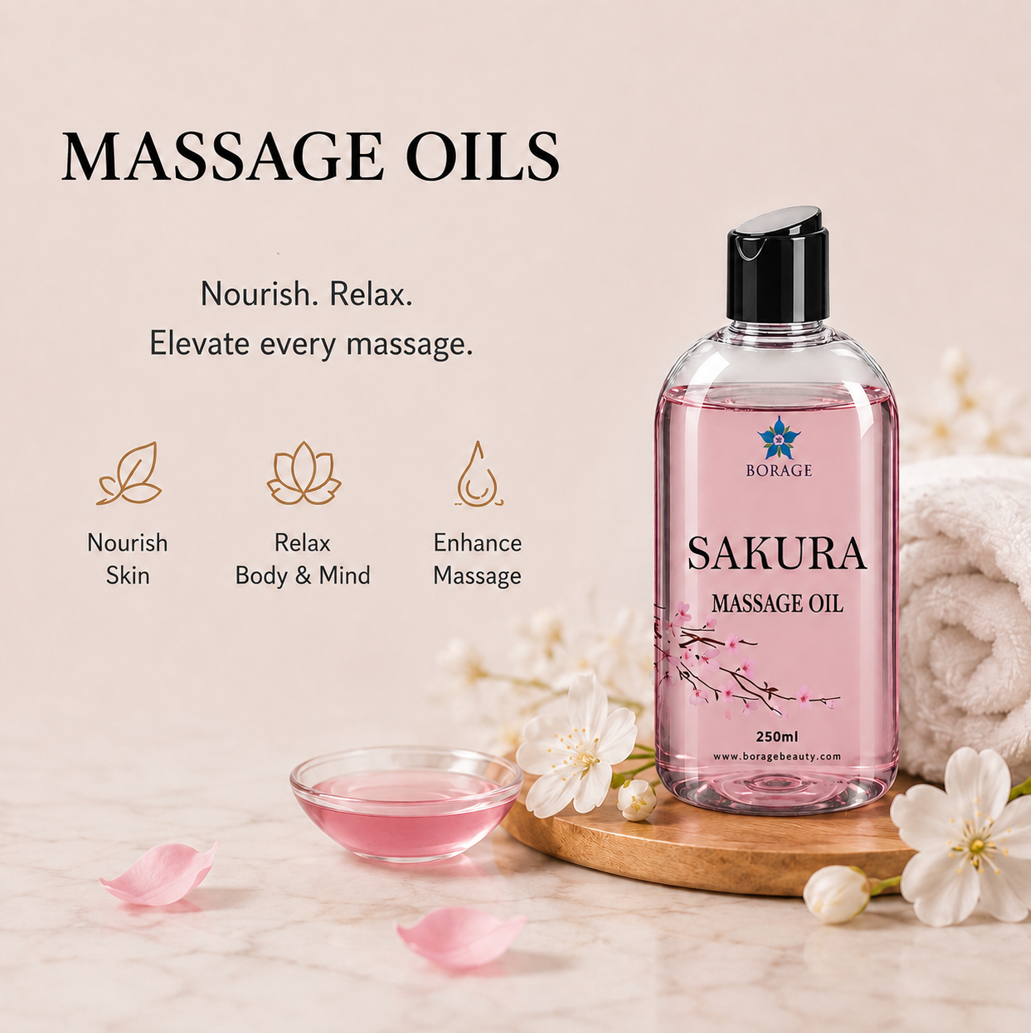 BORAGE Sakura Massage Oil 250ml bottle in a spa setting with Sakura blossoms and massage oil bowl