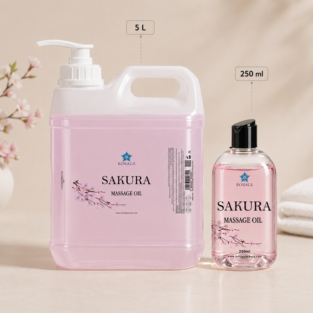 BORAGE Sakura Massage Oil 5 L and 250 ml size comparison