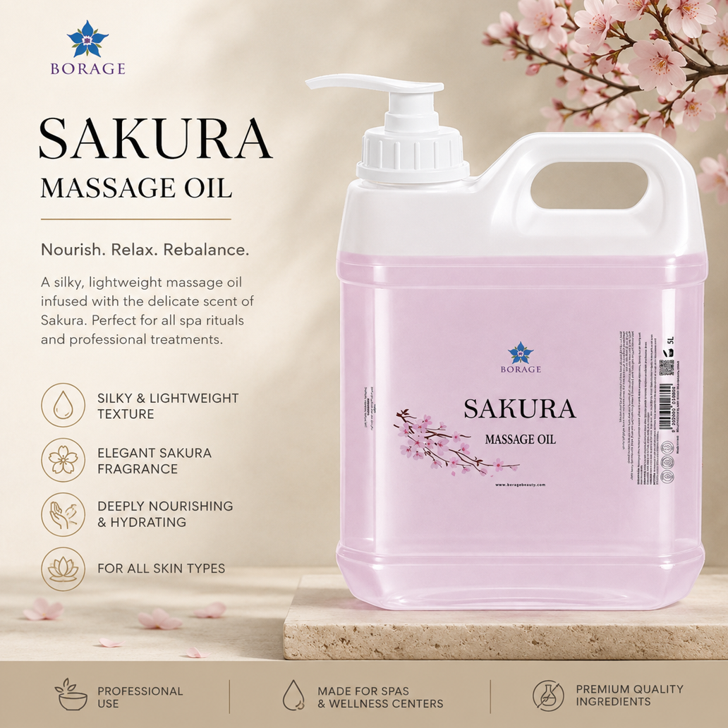 BORAGE Sakura Massage Oil 5 L spa size bottle with Sakura blossoms and product benefits