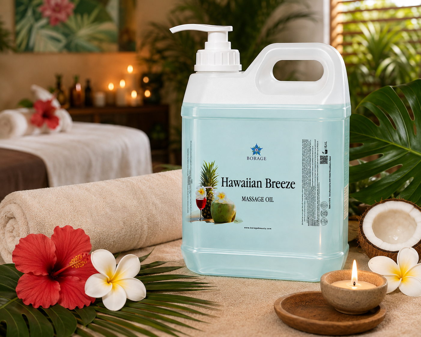 BORAGE Hawaiian Breeze Massage Oil 5 L in tropical spa treatment setting
