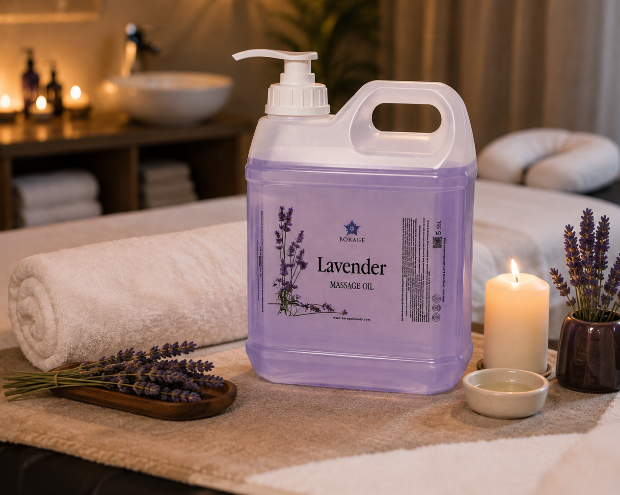 BORAGE Lavender Massage Oil 5 L in spa massage treatment setting