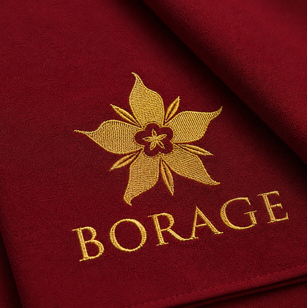 BORAGE Sakura Fabric crepe texture and gold embroidered logo detail