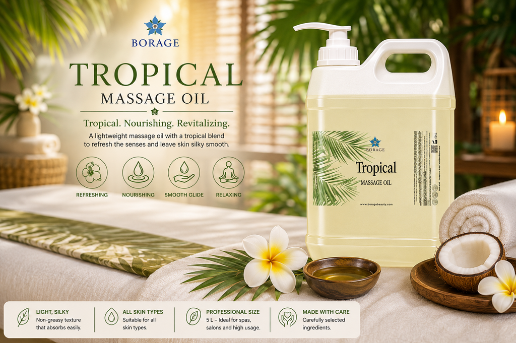 BORAGE Tropical Massage Oil 5 L in tropical spa treatment setting